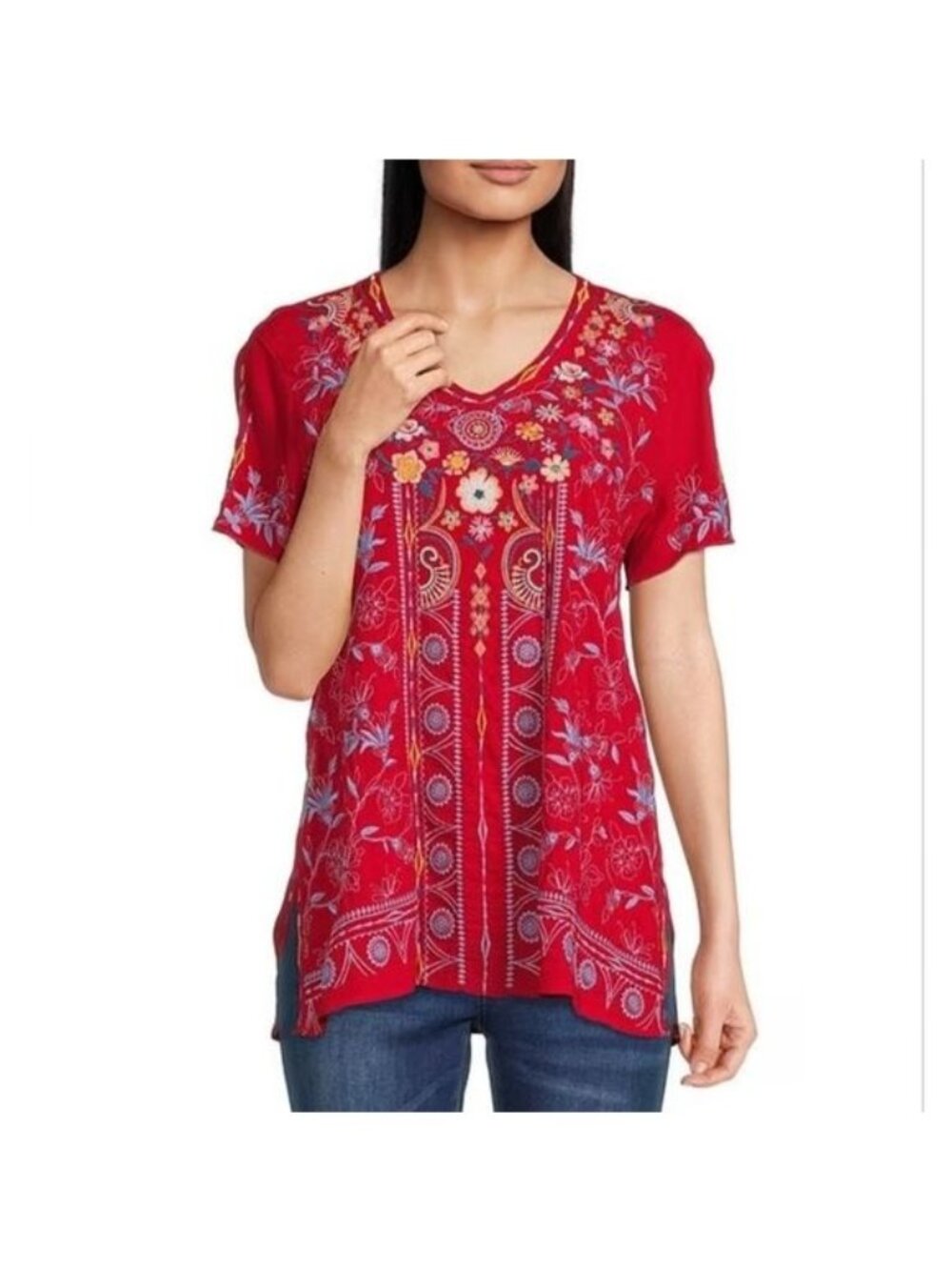John Mark Womens Red Cherry Floral Embroidered V-Neck Short Sleeve Tunic Top L